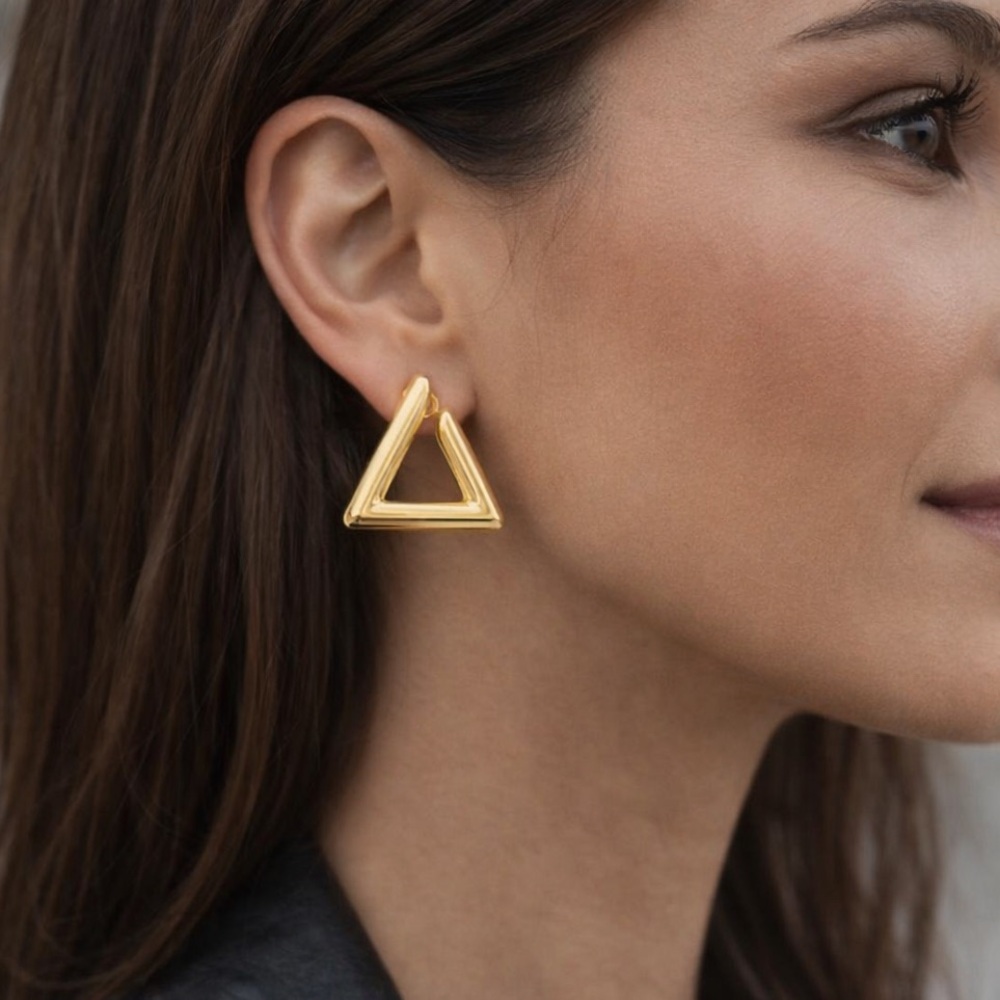 Chunky 14K Gold Plated Triangle Hoop Stud Earrings | Lightweight Modern Jewelry